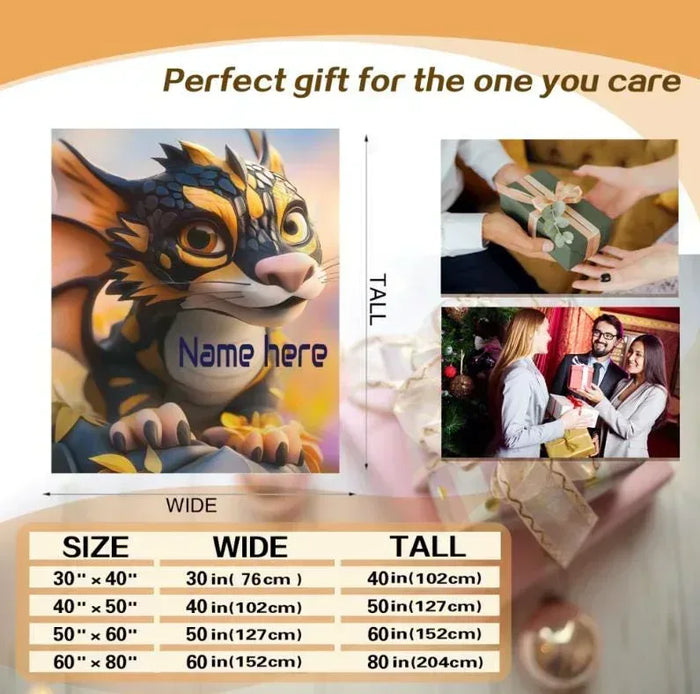 Personalized dragon flannel blanket front view with animal-face artwork and name text area