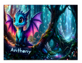 Completed wooden jigsaw puzzle showing a blue dragon in a glowing forest