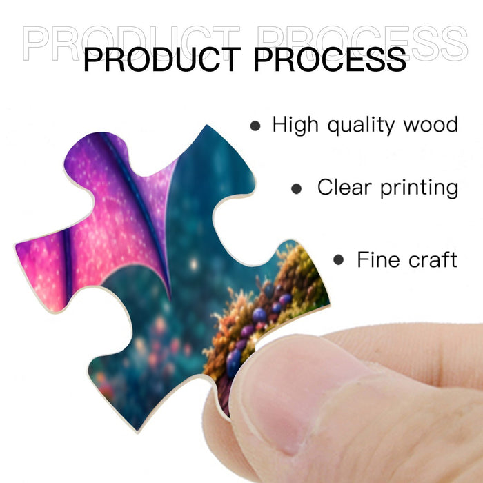 Single jigsaw puzzle piece with purple-and-blue dragon artwork held by fingers