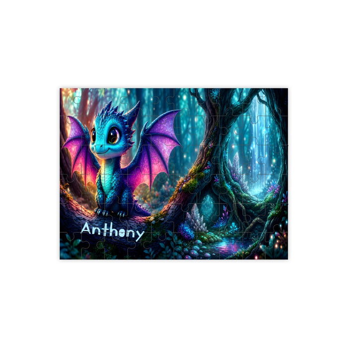Dragon wooden jigsaw puzzle artwork featuring a glowing blue dragon and forest