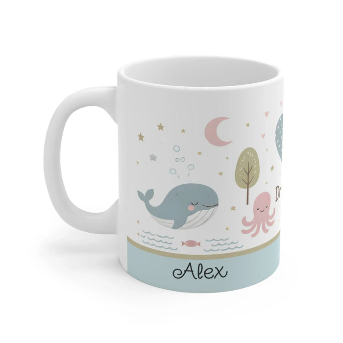 Ocean animal ceramic mug with handle, name Alex printed