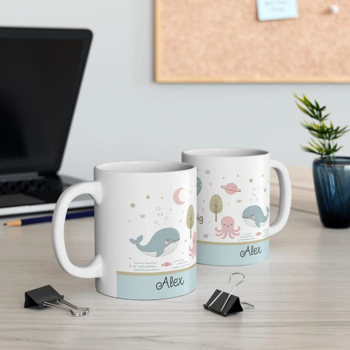 Set of two ocean animal ceramic mugs with handles, personalized Alex