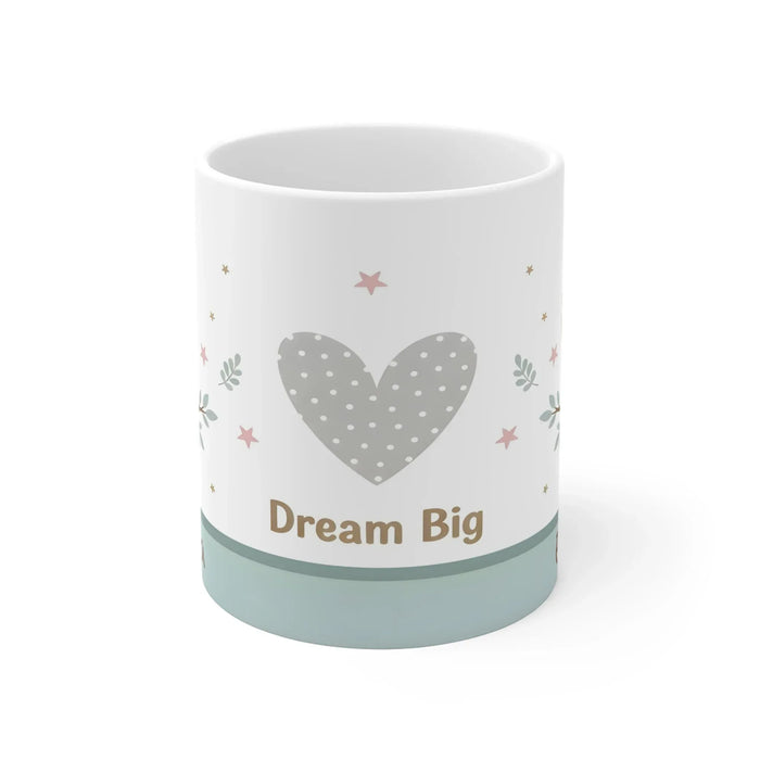 Personalized nursery mug, white with 'Dream Big' and heart graphic, teal rim