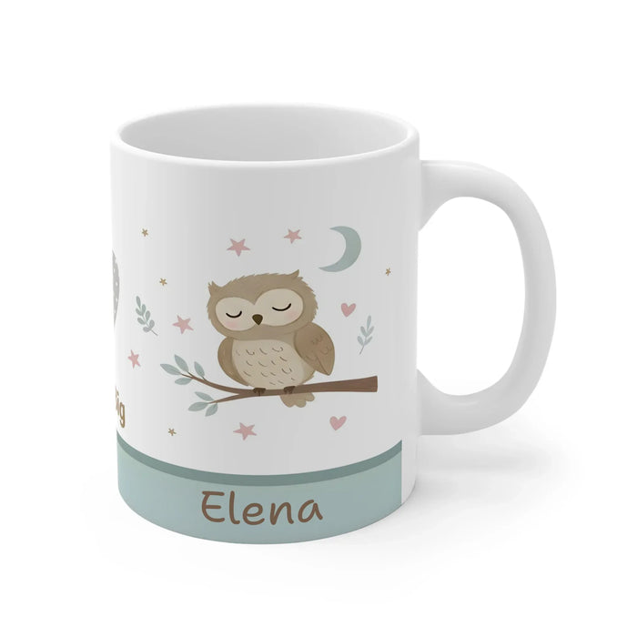 Personalized owl coffee mug, white with 'Elena' name and owl under moon stars