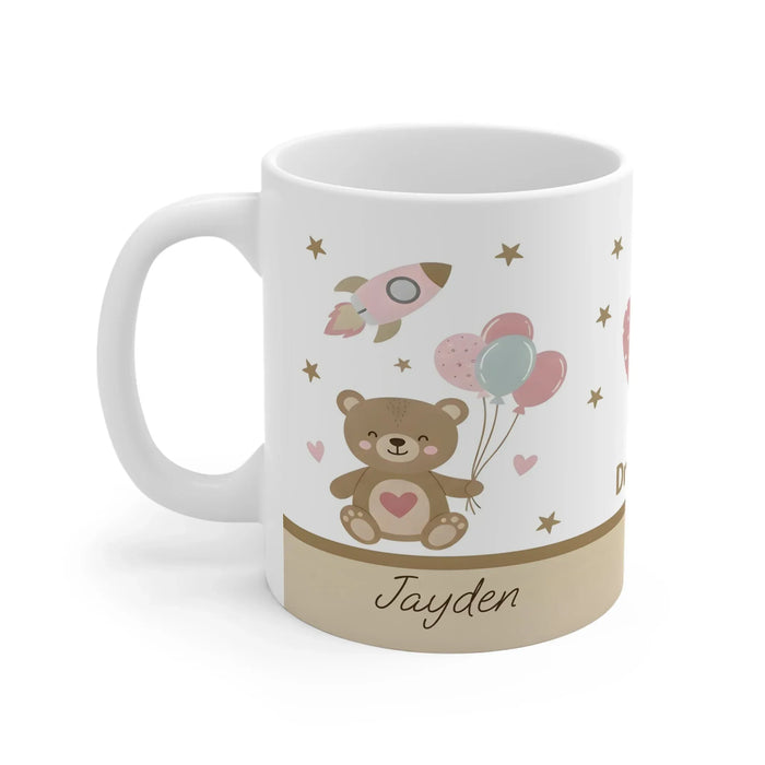 Personalized ceramic mug with teddy bear and rocket under stars, name Jayden