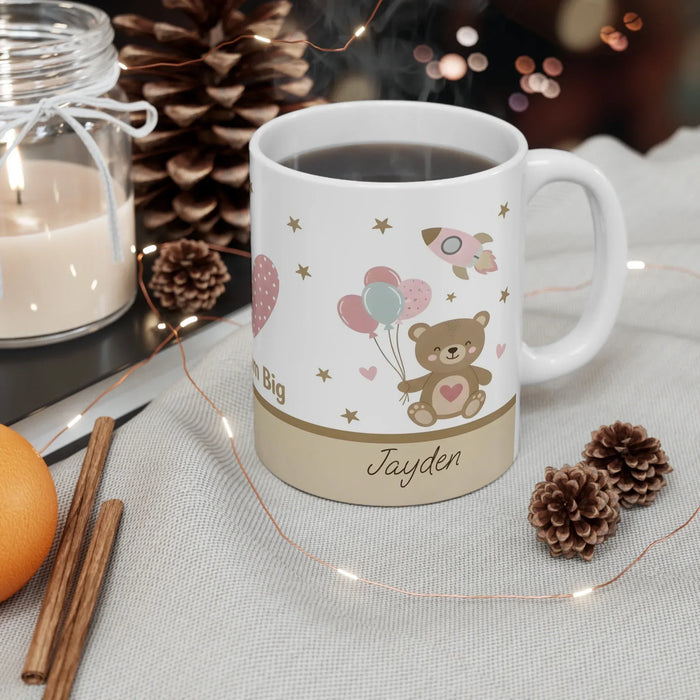 Personalized ceramic mug with teddy bear, balloons and rocket, name Jayden