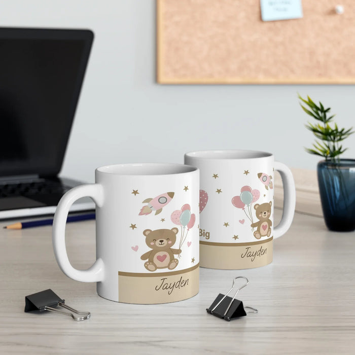 Set of two personalized ceramic mugs with teddy bear and rocket, name Jayden