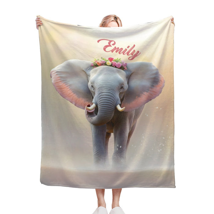 Personalized elephant blanket with “Emily” and a colorful flower crown