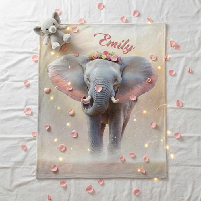 Personalized elephant blanket with “Emily” and glowing light accents