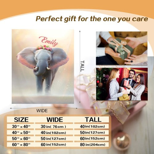 Personalized elephant blanket size chart graphic with elephant design preview