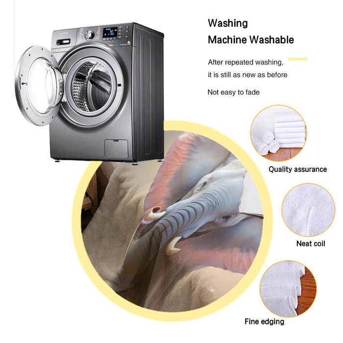 Personalized elephant blanket shown with washing machine and neat stitching detail