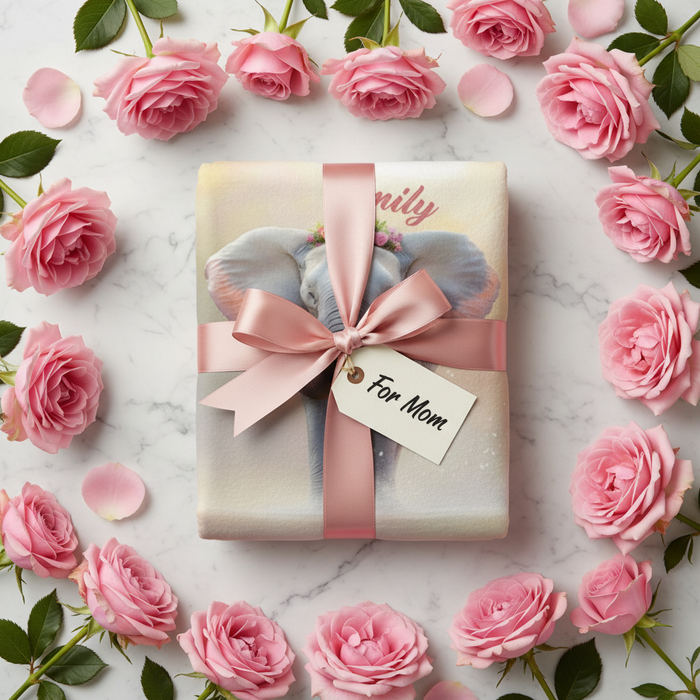 Cream blanket with elephant graphic and floral text, tied with pink ribbon