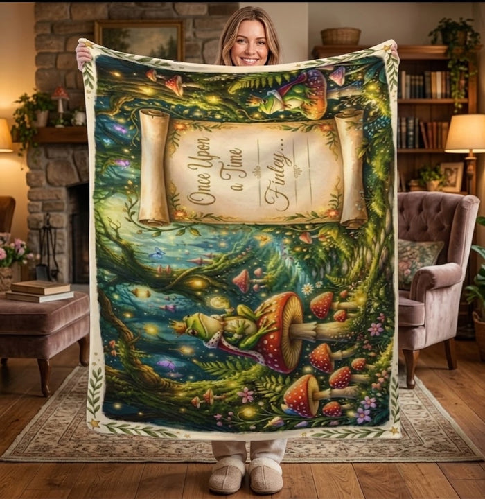 Personalized enchanted forest throw blanket with parchment panel, mushrooms, and lantern lights
