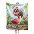 Square cartoon flamingo blanket with pink bird and tropical leaf background