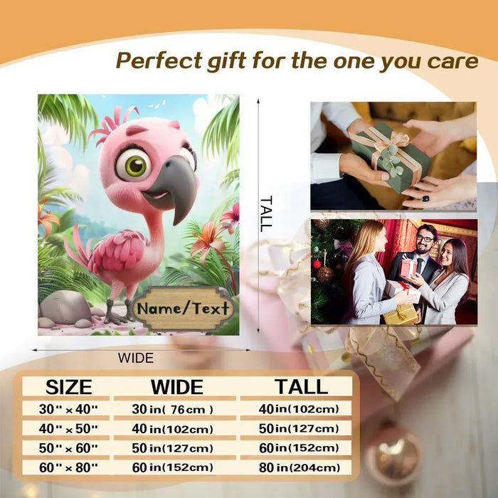 Cartoon flamingo personalized blanket in pink and green with jungle leaves pattern