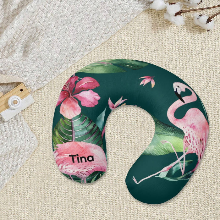 U-shaped neck pillow with tropical flamingo print and name Tina on front