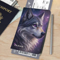 Purple galaxy wolf passport holder with NAME label on front and top card slot