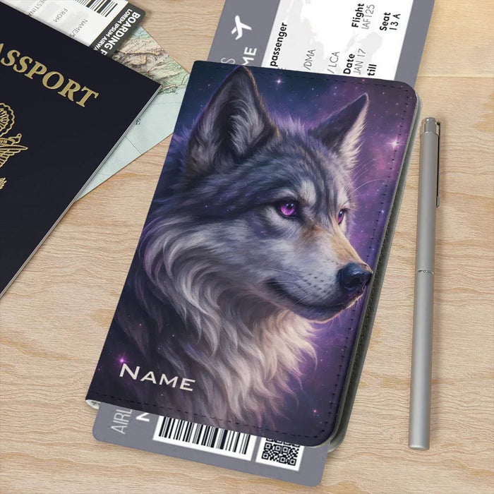 Purple galaxy wolf passport holder with NAME label on front and top card slot