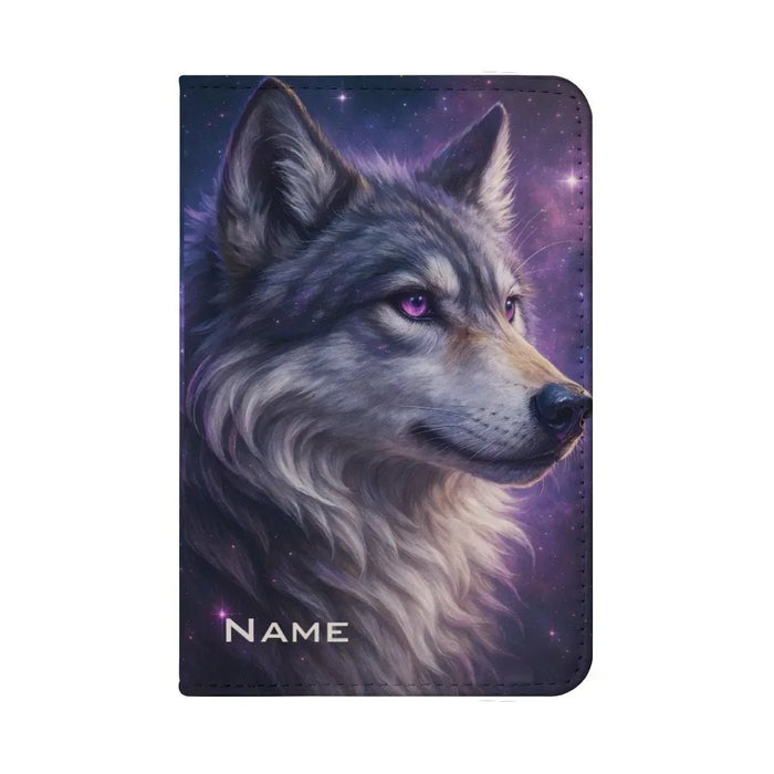Purple galaxy wolf passport holder with close-up wolf face and NAME label
