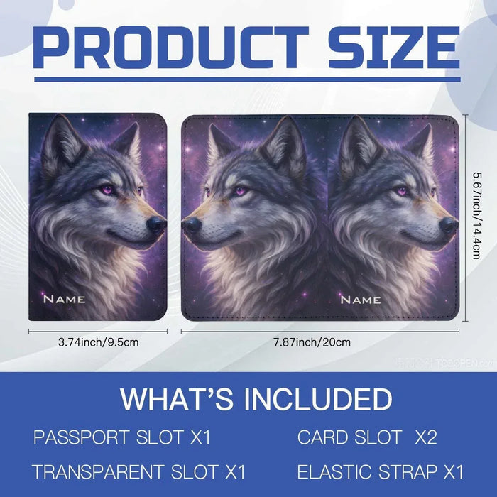 Galaxy wolf passport holder shown in two sizes with NAME label