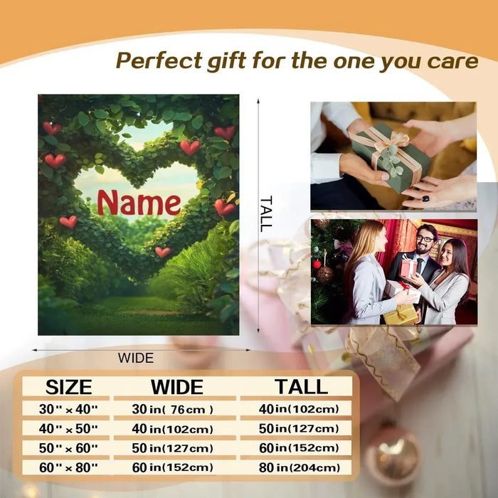 Personalized garden heart throw blanket with Name text and red heart border