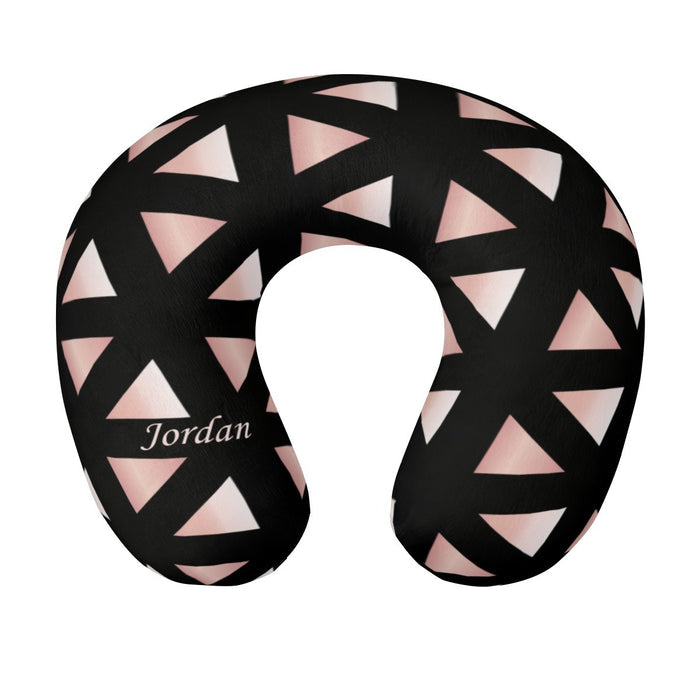 U-shaped travel neck pillow with black and pink geometric triangles, personalized Jordan