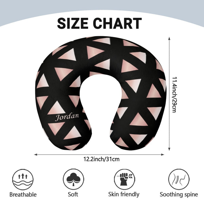 U-shaped travel neck pillow, black with pink geometric triangles and name Jordan