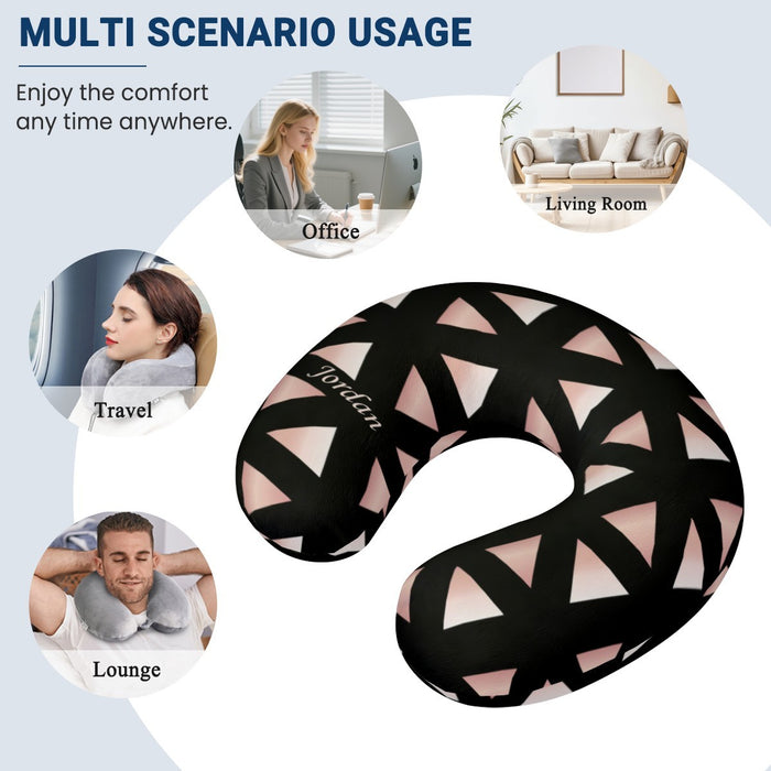 U-shaped travel neck pillow with black and pink geometric triangle print, Jordan