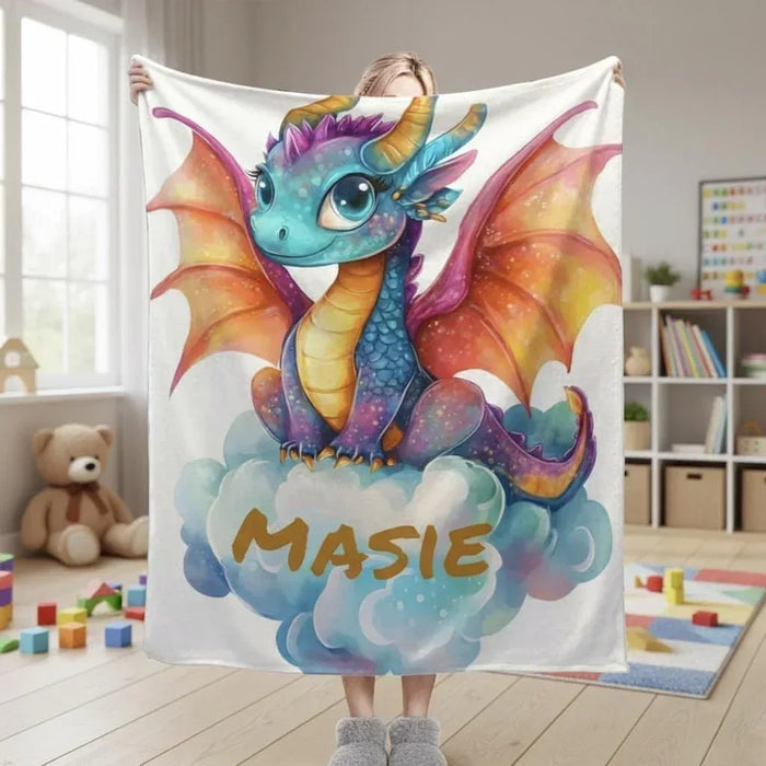 Personalized dragon blanket with blue rainbow dragon and name MASIE