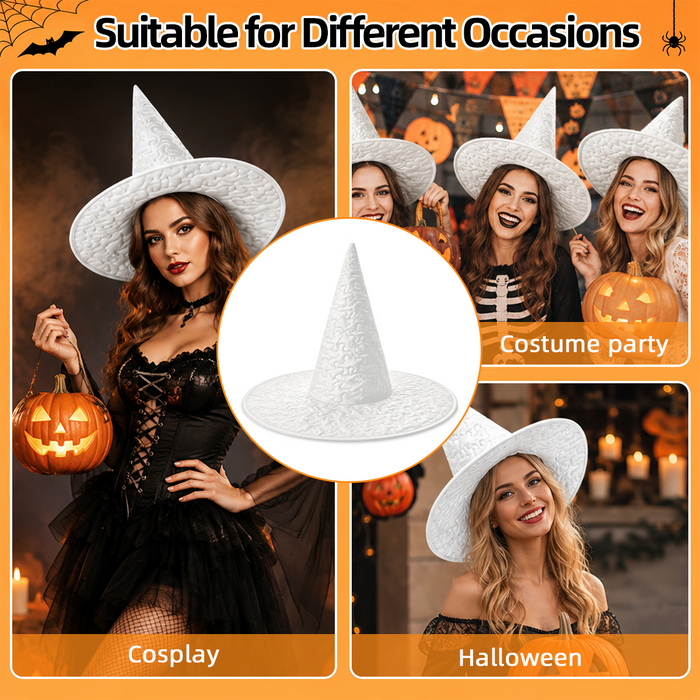 White witch hat styling collage with wide brim on multiple cosplayers.