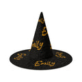 Black witch hat with wide brim and gold “Emily” lettering, textured fabric