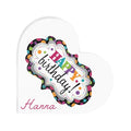 Happy Birthday heart acrylic ornament with multicolor border and 'Hanna' name