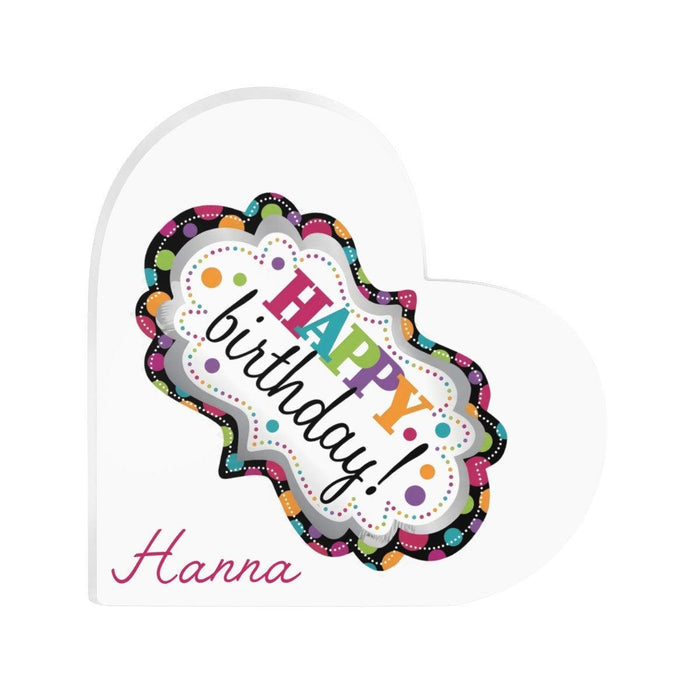 Happy Birthday heart acrylic ornament with multicolor border and 'Hanna' name