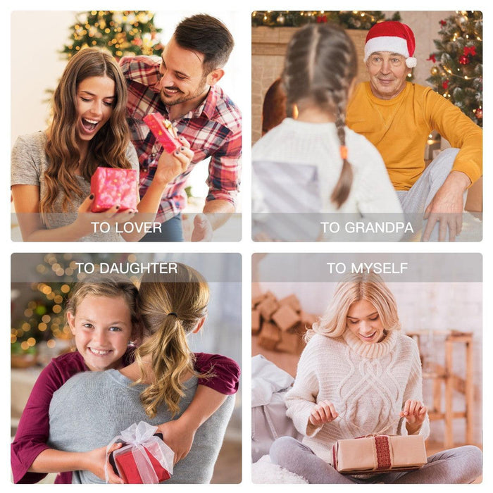 Family holiday gift photos: couple, grandparent, daughter, and woman opening presents