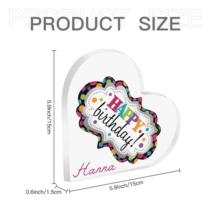 Happy Birthday heart acrylic ornament size diagram, 5.9 in x 5.1 in