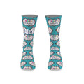 Pair of teal birthday socks with birthday cake and balloon graphics, ankle length