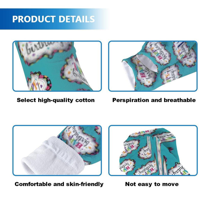 Teal birthday socks with knit texture and birthday cake and balloon pattern
