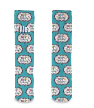Personalized birthday socks in teal with colorful birthday cartoon pattern