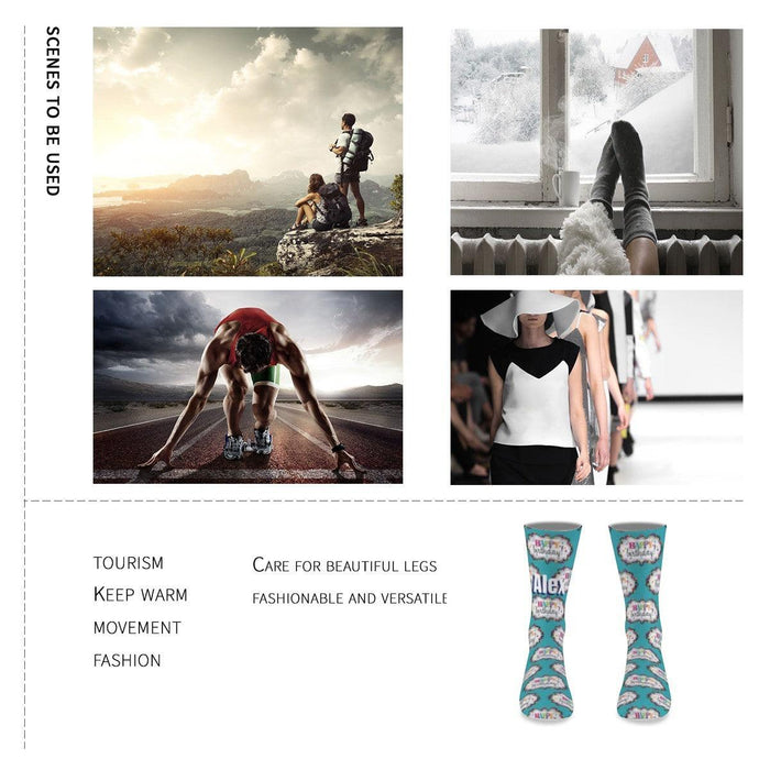 Teal birthday socks featuring cartoon birthday icons and personalized name print