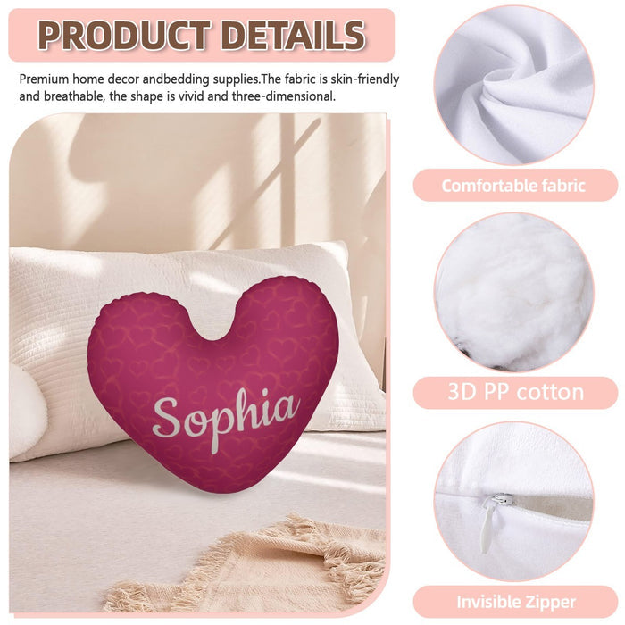 Pink heart pillow with Sophia embroidered on a heart-shaped cushion