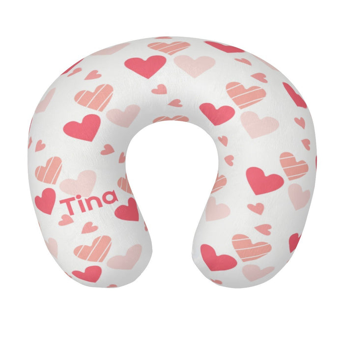 U-shaped travel neck pillow, white with pink hearts and “Tina” text