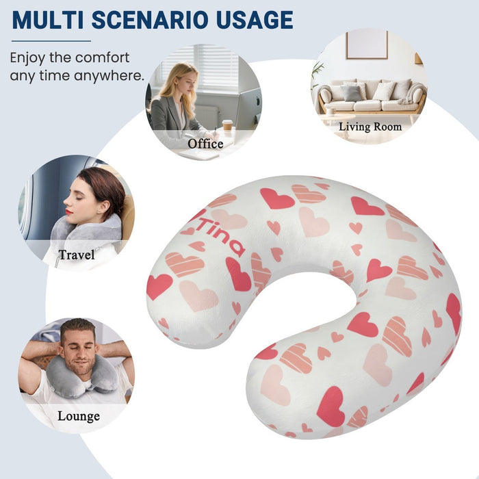 U-shaped travel neck pillow with pink hearts pattern