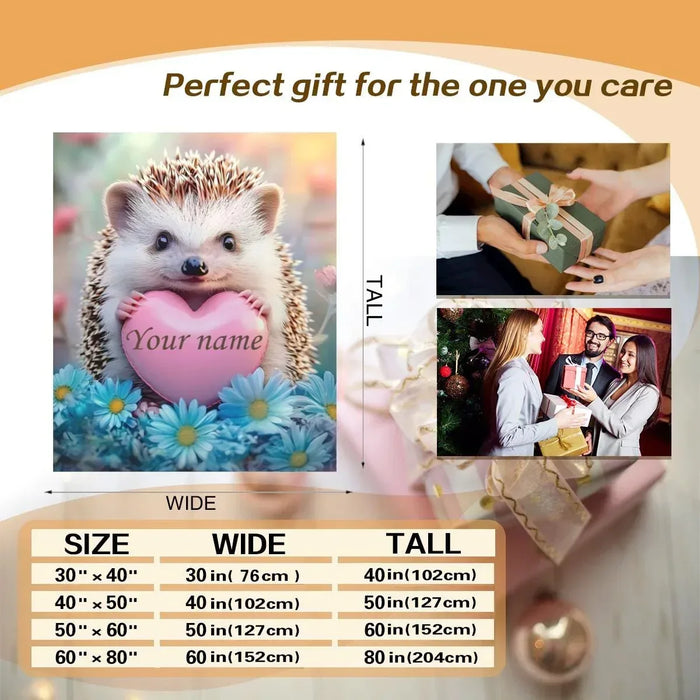 Personalized hedgehog heart blanket with pink heart and blue daisy border, shown flat