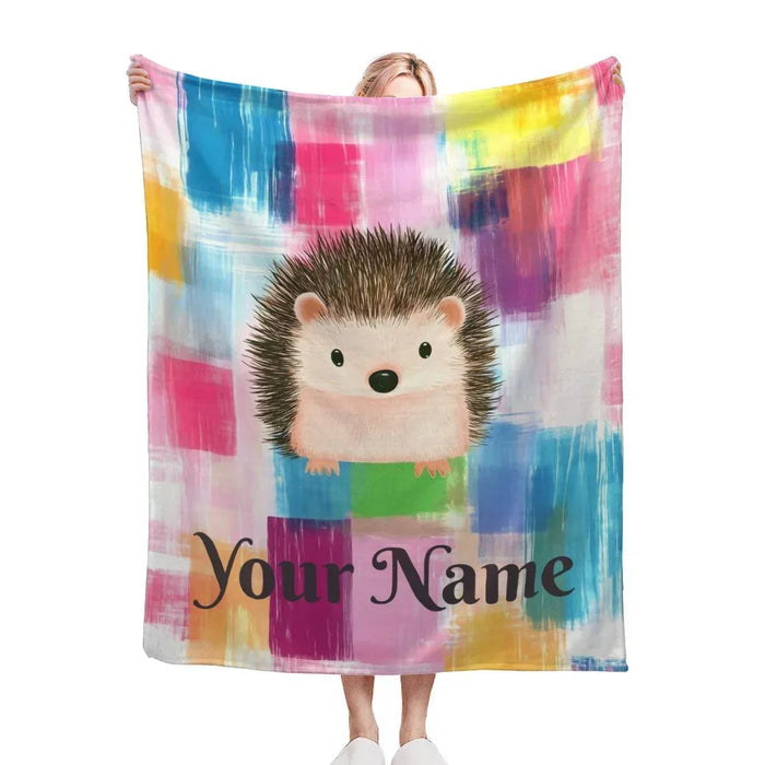 Hedgehog plaid throw blanket with "Your Name" cursive lettering across center