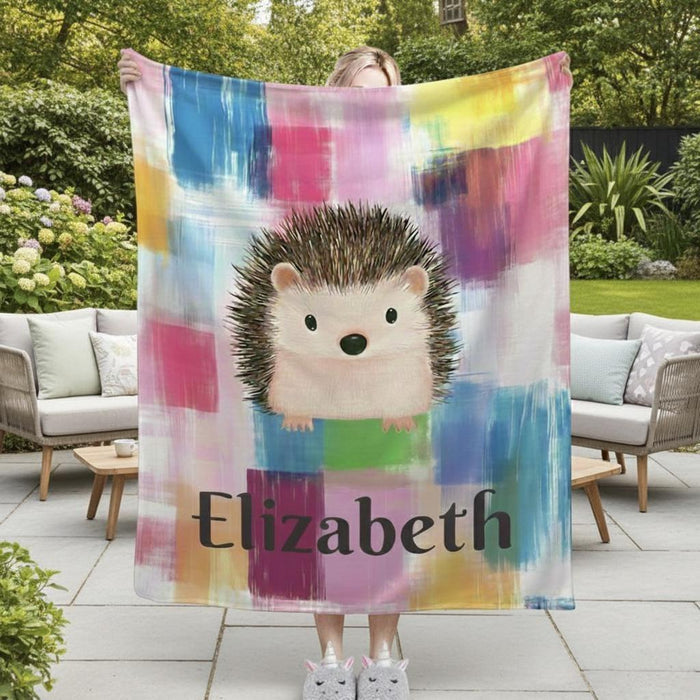Rainbow plaid hedgehog throw blanket with cursive name "Elizabeth" centered