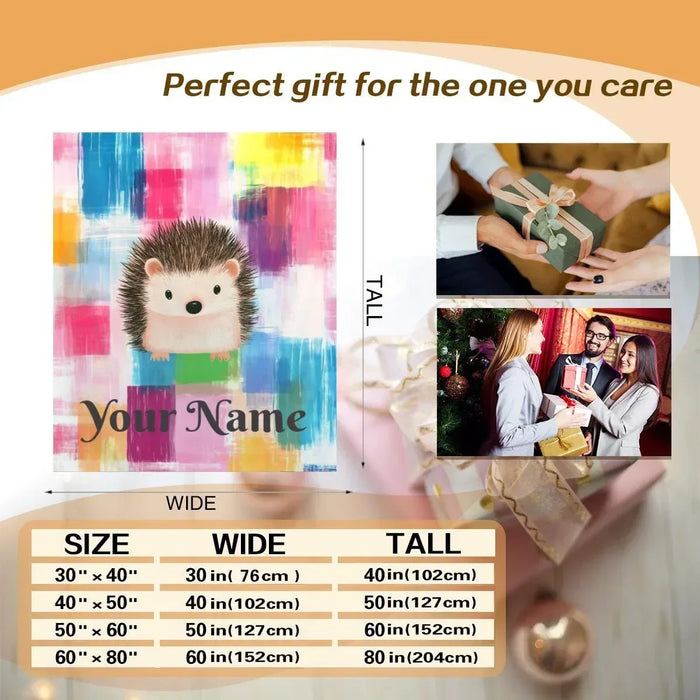 Hedgehog plaid blanket mockup with size guide and "Your Name" text