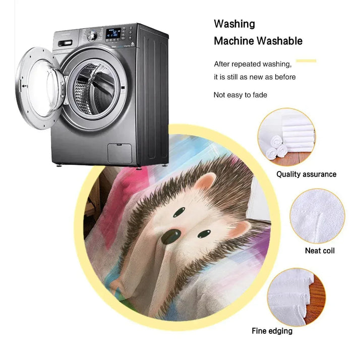 Hedgehog plaid blanket detail with washing and quality icons, neat edging shown