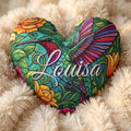 Hummingbird heart plush pillow with colorful wings and Louisa name on shaggy cover