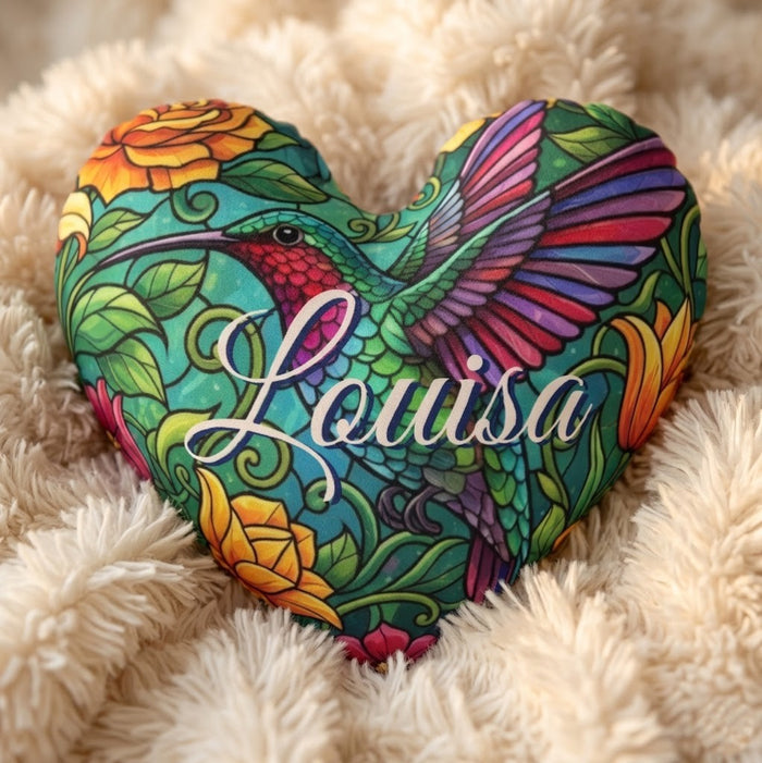 Hummingbird heart plush pillow with colorful wings and Louisa name on shaggy cover