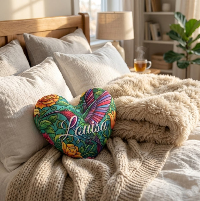 Hummingbird heart plush pillow with Louisa text on colorful winged design